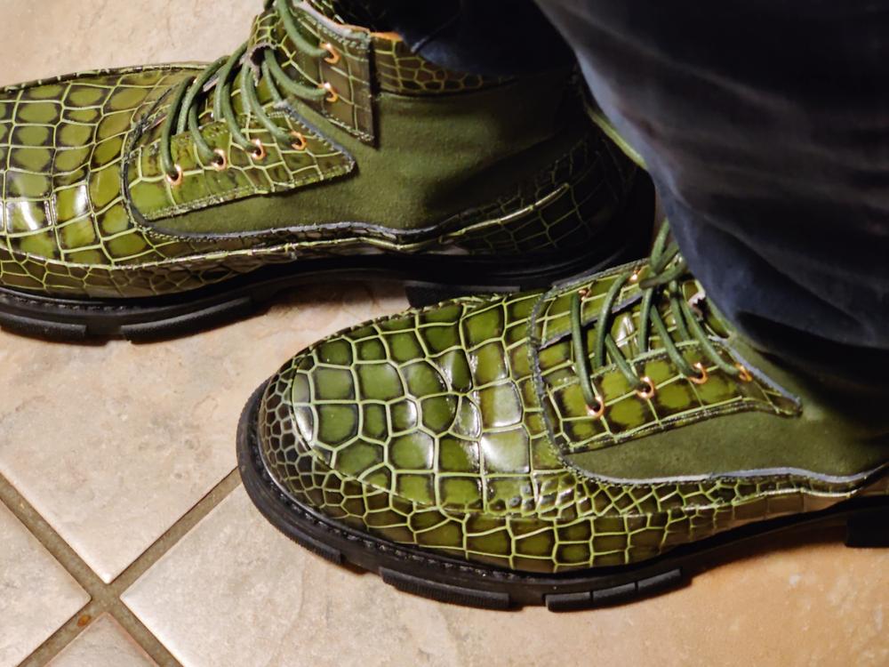 Otis Green Crocskin Leather Combat Boots display picture 1
