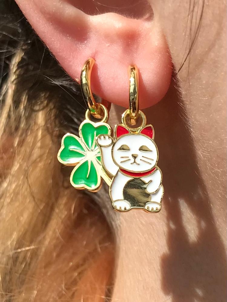 Lucky Cat & Clover Hoop Earrings - Customer Photo From Katie