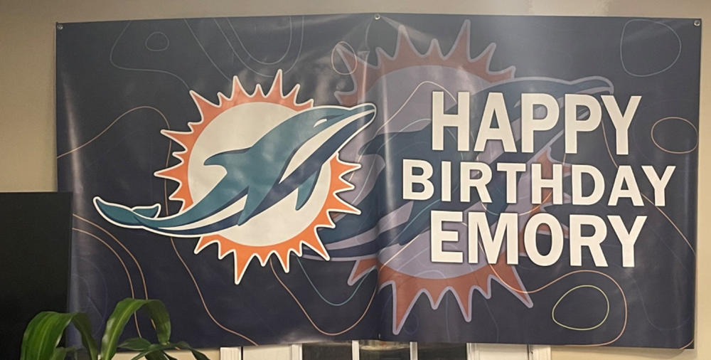 Personalized Miami Dolphins Banner for Special Occasion, Holiday, Birthday, Announcement, Retirement, Promotion, Celebration. - 3½x7 FT, Yes - Customer Photo From LaSonja Byrd