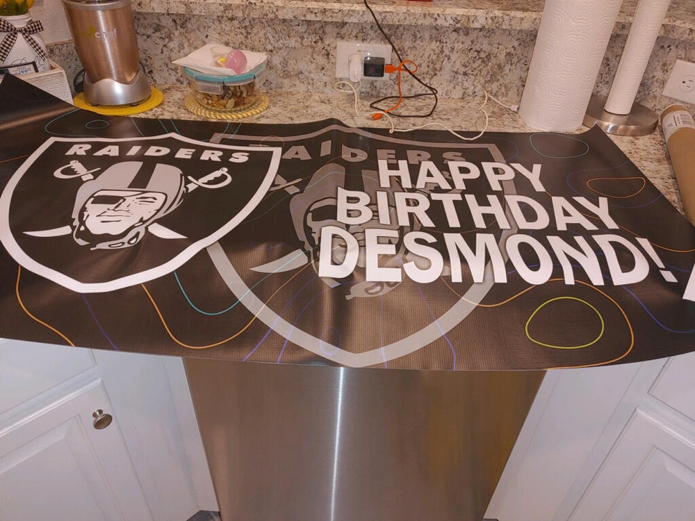 Personalized Las Vegas Raiders Banner for Special Occasion, Holiday, Birthday, Announcement, Retirement, Promotion, Celebration. - 2x4 FT, No - Customer Photo From Alexzandra Andrews