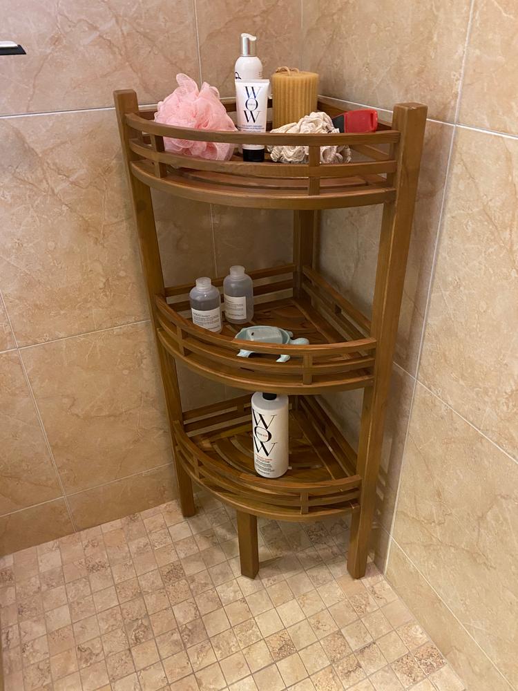 3 Tier Bathroom Corner Organizer with Teak Wood Shower Caddy