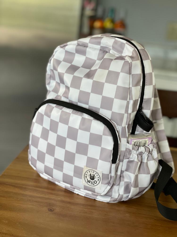 Stay Rad patch Checkered Backpack Beige White Kids and Adults