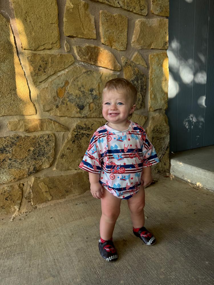 Red White & Braaap Short Sleeve Bubble Romper - Ready To Ship - Customer Photo From Courtney Gillespie