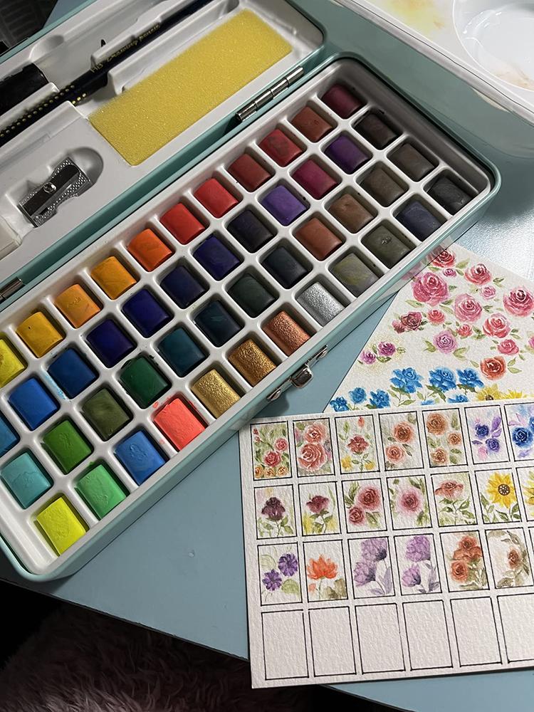 WOOCOLOR Watercolor Paint Set, 50 Colors, Watercolor Palette, Brush, Sponge in Portable Box, Travel Watercolors for Adults, Kids, Hobbyists, Art