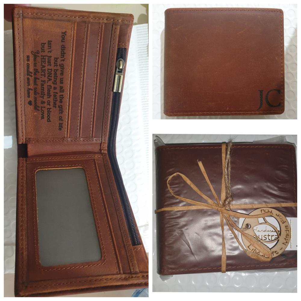Slim Leather Wallet with wooden gift case Personalized for men, fathers, groomsmen, husbands and boyfriends. - Customer Photo From Melanie Brown