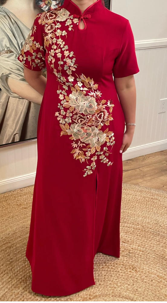 Floral embroidery, butterfly mesh fabric, long red Qipao - Customer Photo From Gina Lee