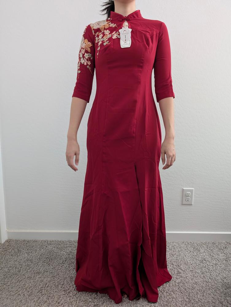 knee length dresses for ladies Red Short Sleeves Floral Jacquard Long Qipao Dress With Blue Trim main image 0