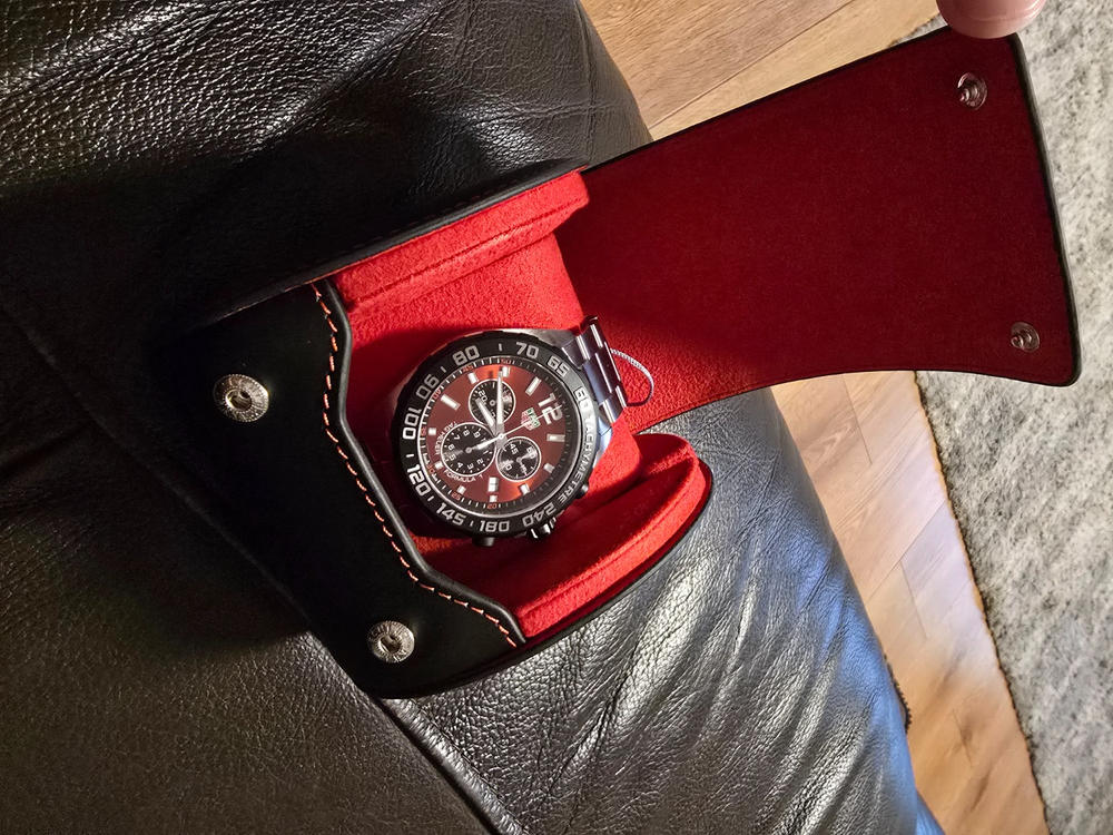 Single Watch Roll Case in Premium Black Nappa Leather with Red Lining by Aevitas - Customer Photo From Kevin Selway