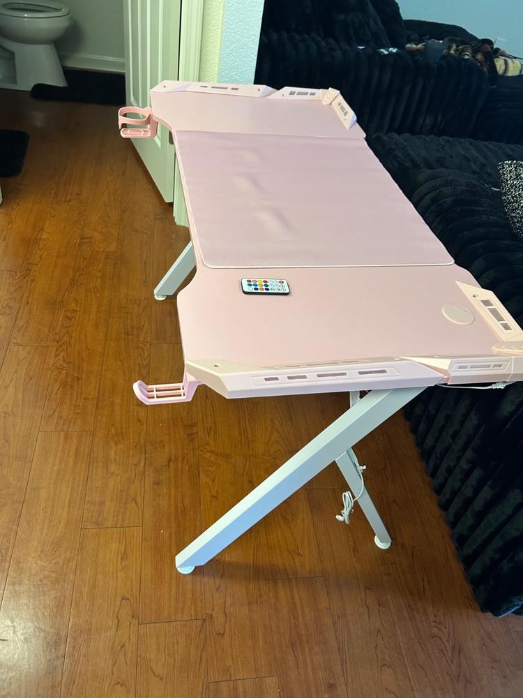 T-Shaped LED Series Gaming Desk 63 Inch Pink - Customer Photo From ebony