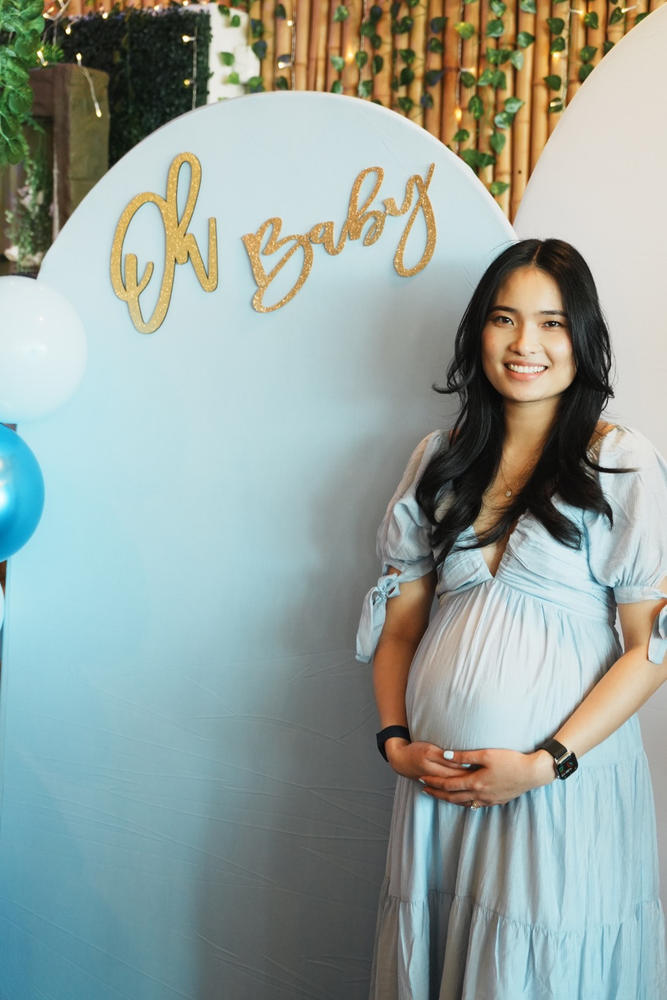 dusty blue baby shower dress Angel Maternity Celine Baby Shower Smock Midi Dress in Blue/Floral main image 1