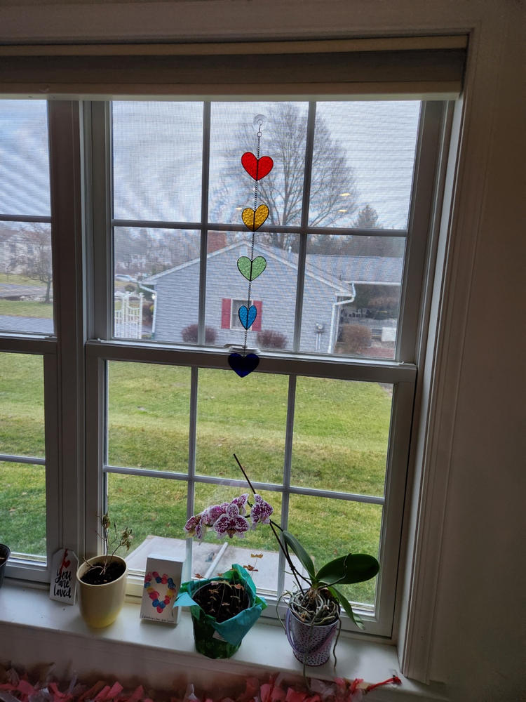 Stained Glass Mobile - Rainbow Hearts - Customer Photo From Heidi Beam