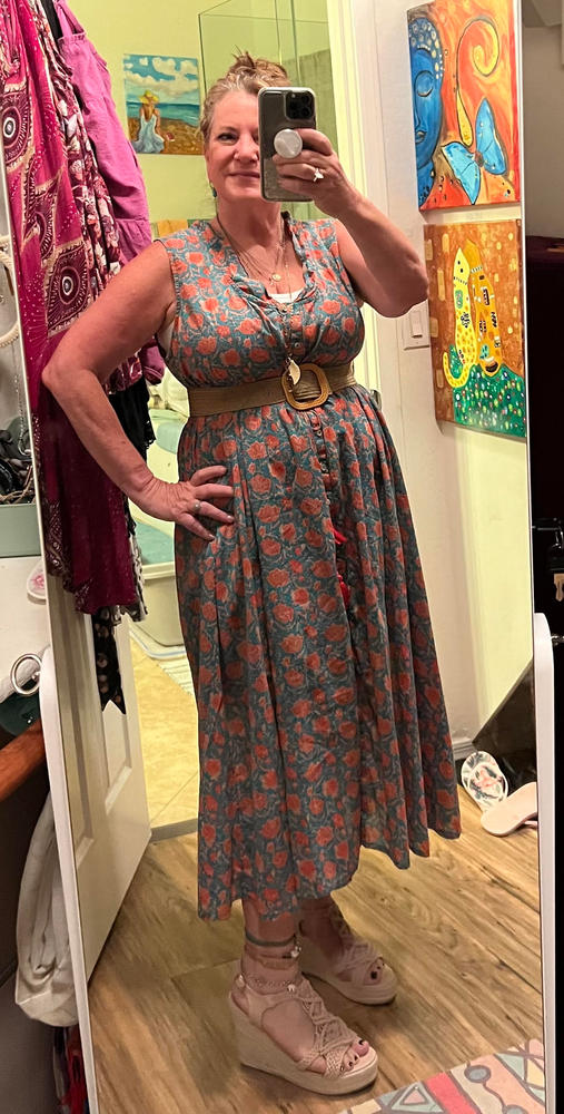 Amelia Sleeveless Shirt Dress - Turquoise Vines - Customer Photo From Kristine 
