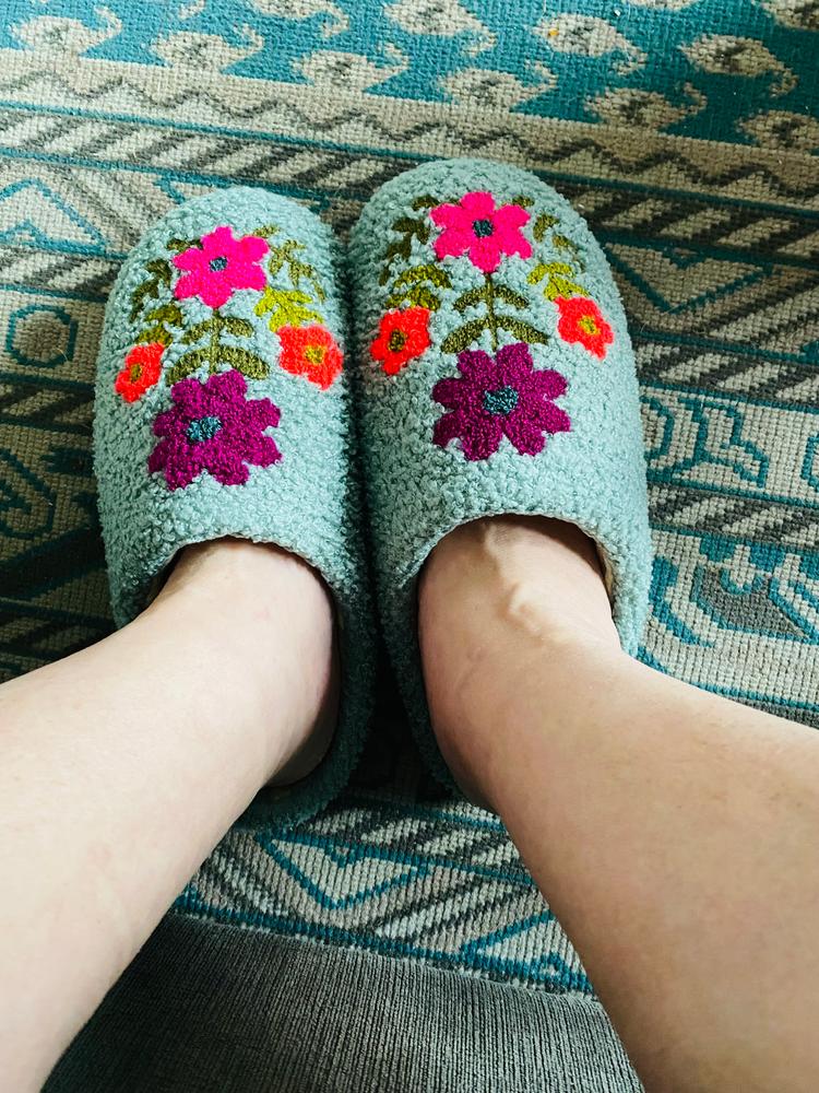 Icon Sherpa Slippers - Dusty Blue Folk Flower - Customer Photo From Chrissy Thatcher