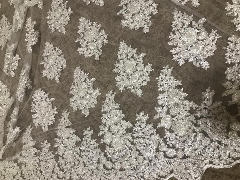 Coral Spruce Floral Bridal Beaded Lace Fabric on sale on Mesh