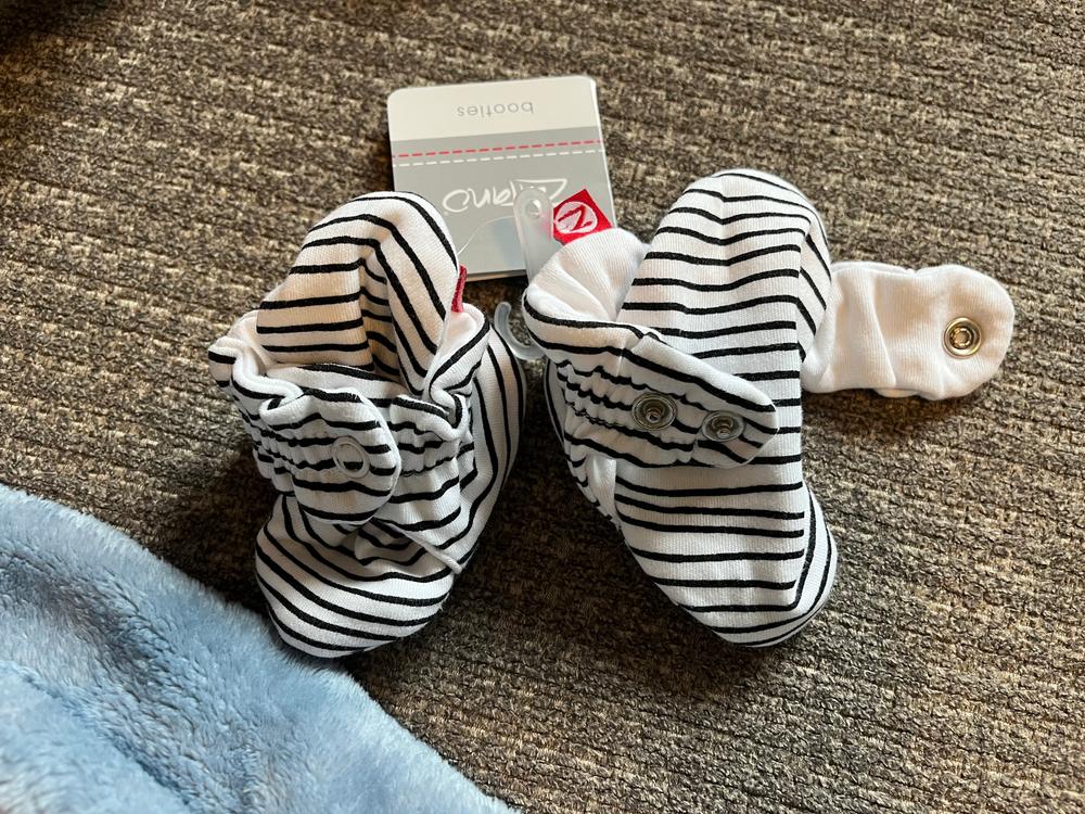 Pencil Stripe Organic Cotton Gripper Baby Bootie - Customer Photo From Zutano Costumer 
