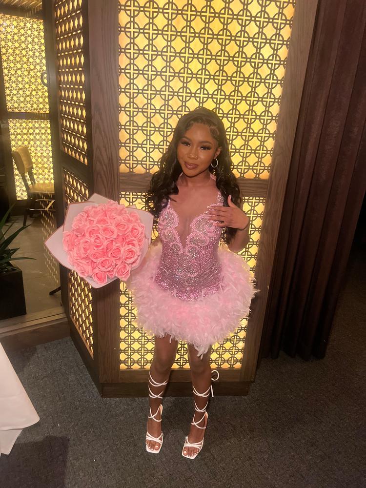 Baddie 3.0 Pink Rhinestone Dress with Pink Feathers Pre-Order - Customer Photo From Eanacia B