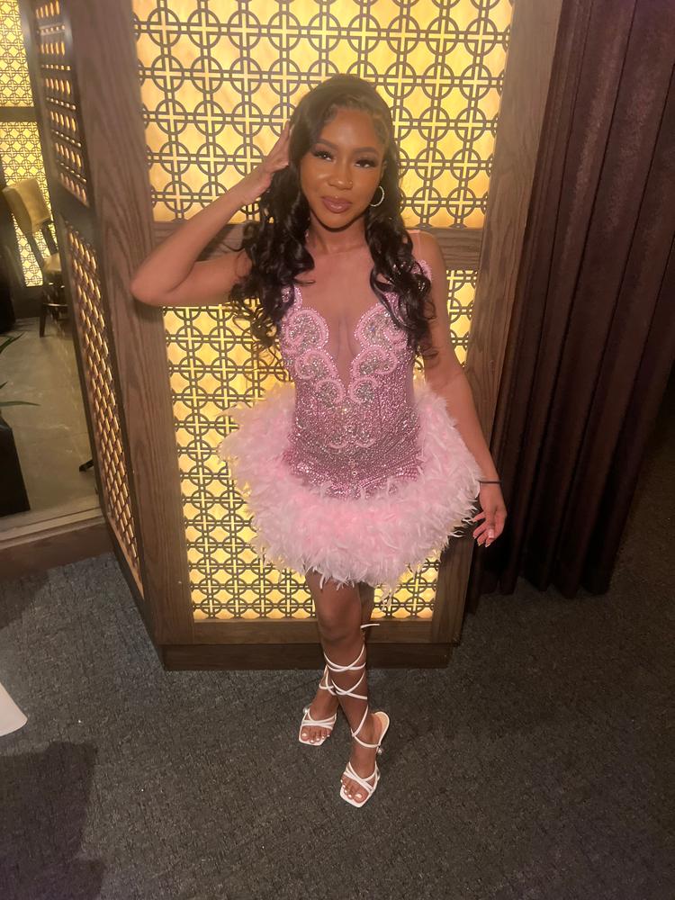 Baddie 3.0 Pink Rhinestone Dress with Pink Feathers Pre-Order - Customer Photo From Eanacia B