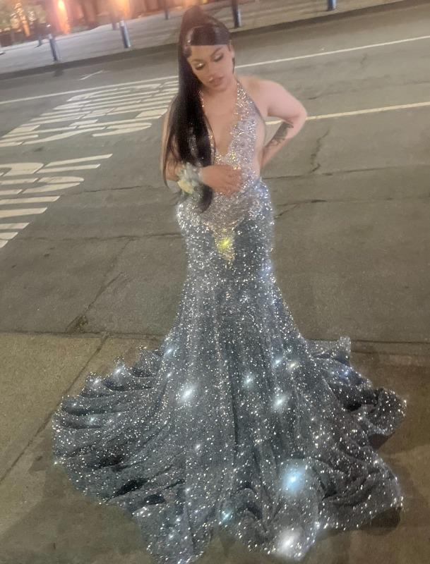 Silver rhinestone cheap prom dress