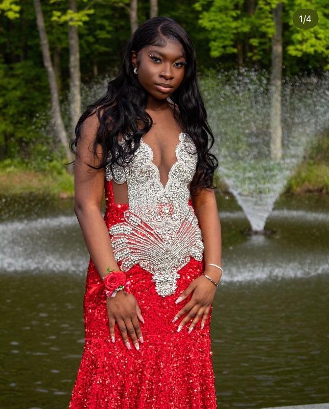 DESTINY Red Sequin Prom Dress with Silver Rhinestones PREORDER