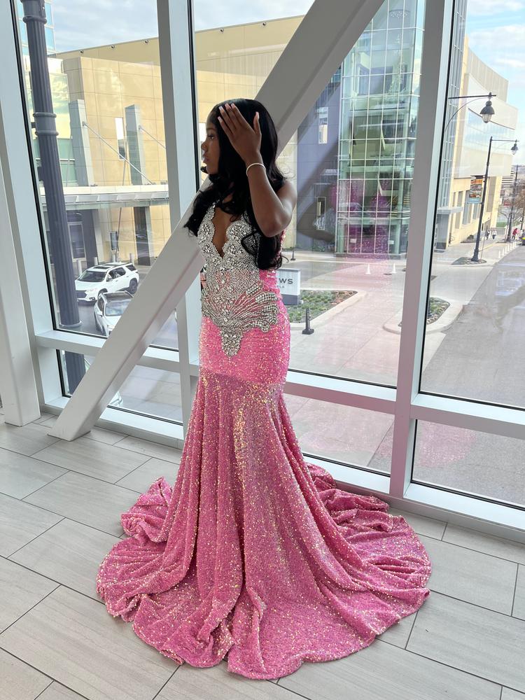 Destiny Iridescent Pink Sequins Prom Dress with Silver Rhinestones Shay Simone