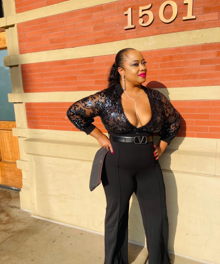Eve Black Sequin Jumpsuit - Customer Photo From Thana Simmons
