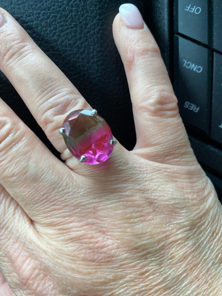Green and Pink Tourmaline Silver Oval Ring - Customer Photo From Ringfan