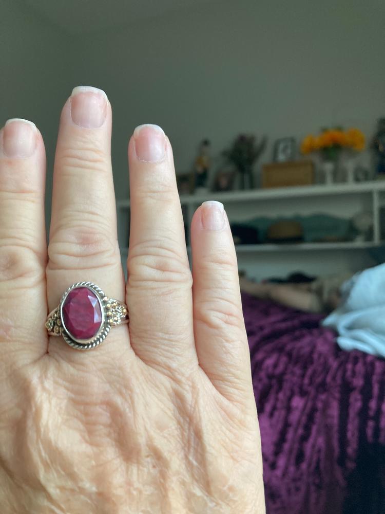 Indian Ruby 925 Sterling Silver Nickel-Free Faceted Ring,Two Tone, Birth Stone, Three Band Oval Gemstone, Handmade Jewelry For Her - Customer Photo From Denise Gonzales 