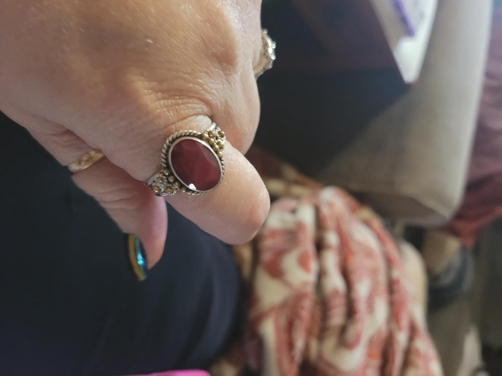Indian Ruby 925 Sterling Silver Nickel-Free Faceted Ring,Two Tone, Birth Stone, Three Band Oval Gemstone, Handmade Jewelry For Her - Customer Photo From ConnieJo Harms