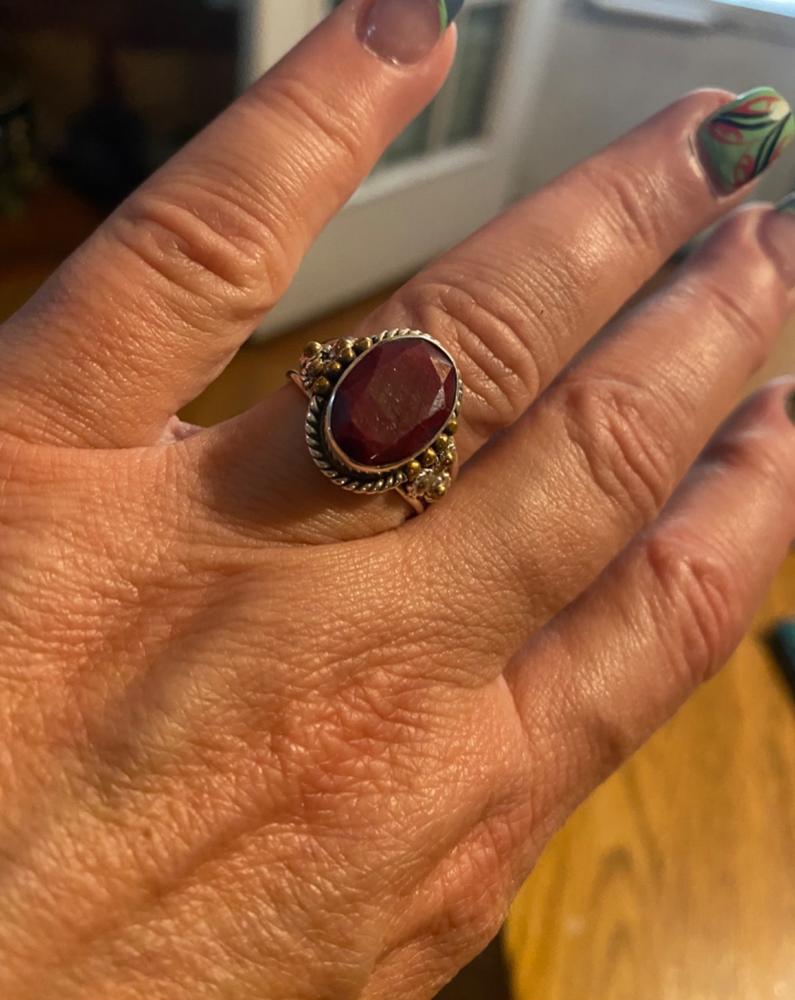 Indian Ruby 925 Sterling Silver Nickel-Free Faceted Ring,Two Tone, Birth Stone, Three Band Oval Gemstone, Handmade Jewelry For Her - Customer Photo From Giuseppina Bartlett