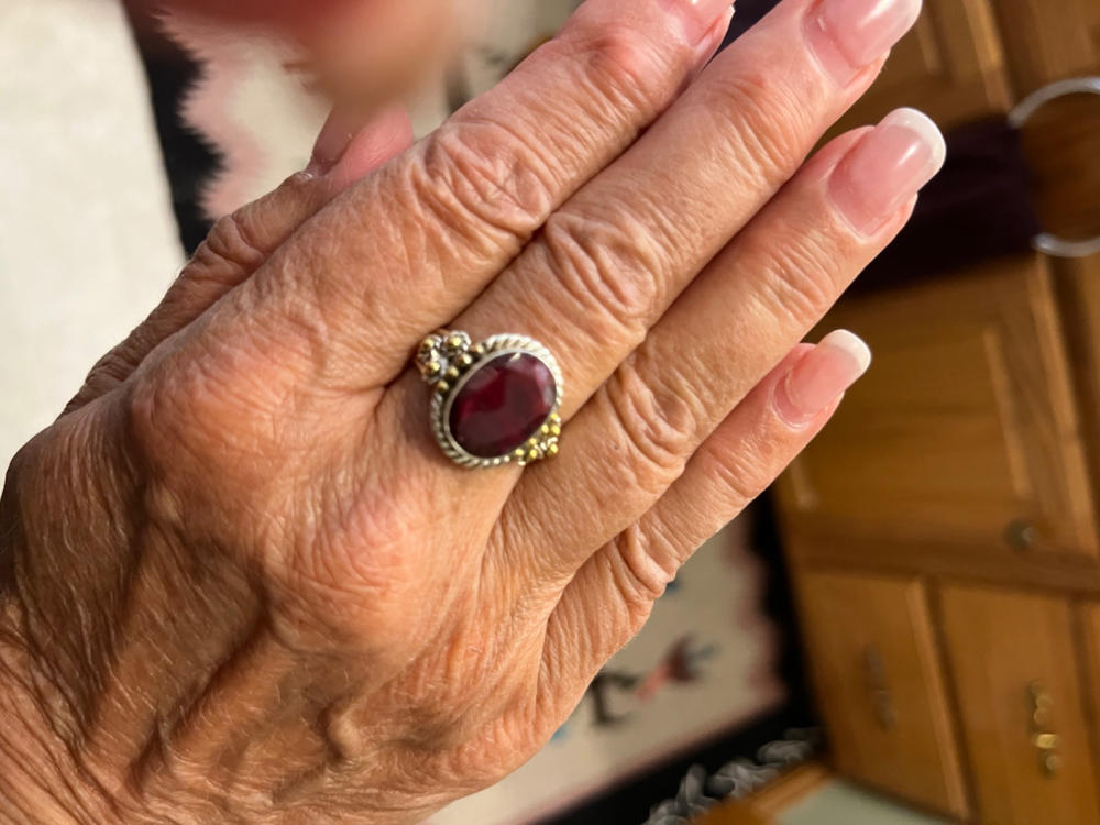 Indian Ruby 925 Sterling Silver Nickel-Free Faceted Ring,Two Tone, Birth Stone, Three Band Oval Gemstone, Handmade Jewelry For Her - Customer Photo From Gayle Bachert