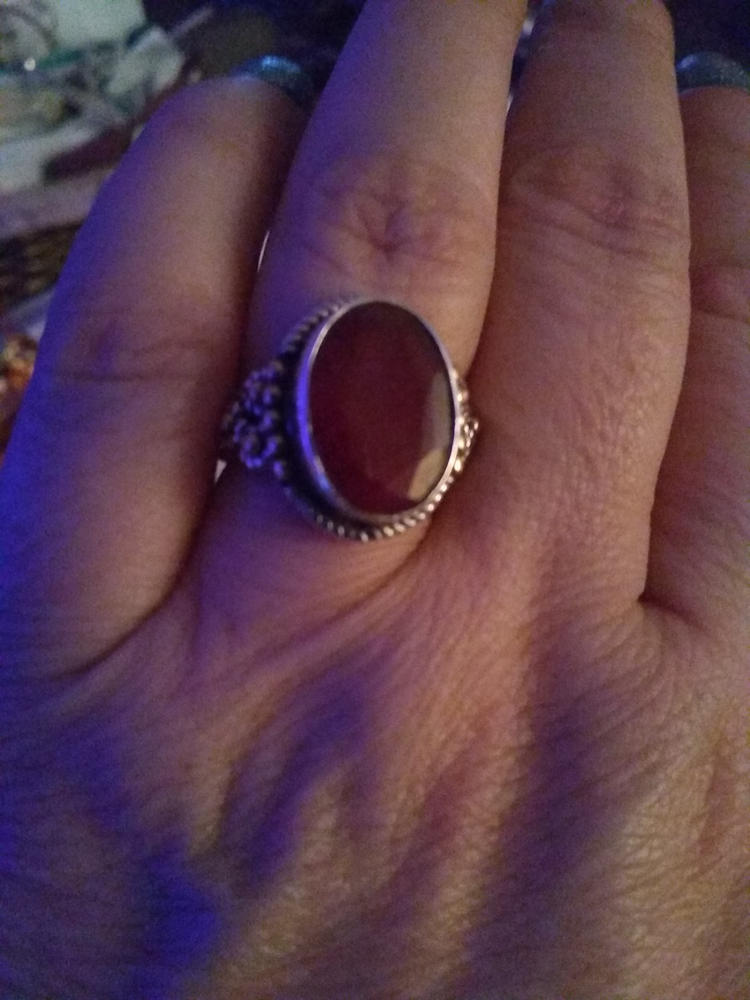 Indian Ruby 925 Sterling Silver Nickel-Free Faceted Ring,Two Tone, Birth Stone, Three Band Oval Gemstone, Handmade Jewelry For Her - Customer Photo From Lorraine Walley
