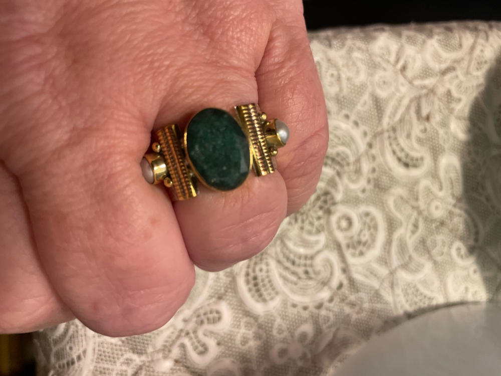 Indian Emerald & Pearl Ring, Emerald Ring, Wide Band Ring, Flower Textured Ring, Two Tone Ring, Statement Ring Fresh Water Pearl Ring - Customer Photo From Janice Bowen