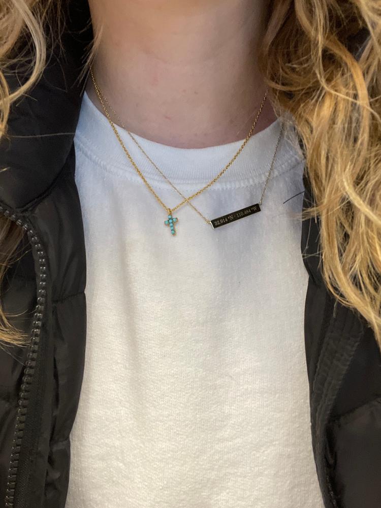 Dainty Turquoise Cross Necklace - Customer Photo From Ashley Stwertnik 