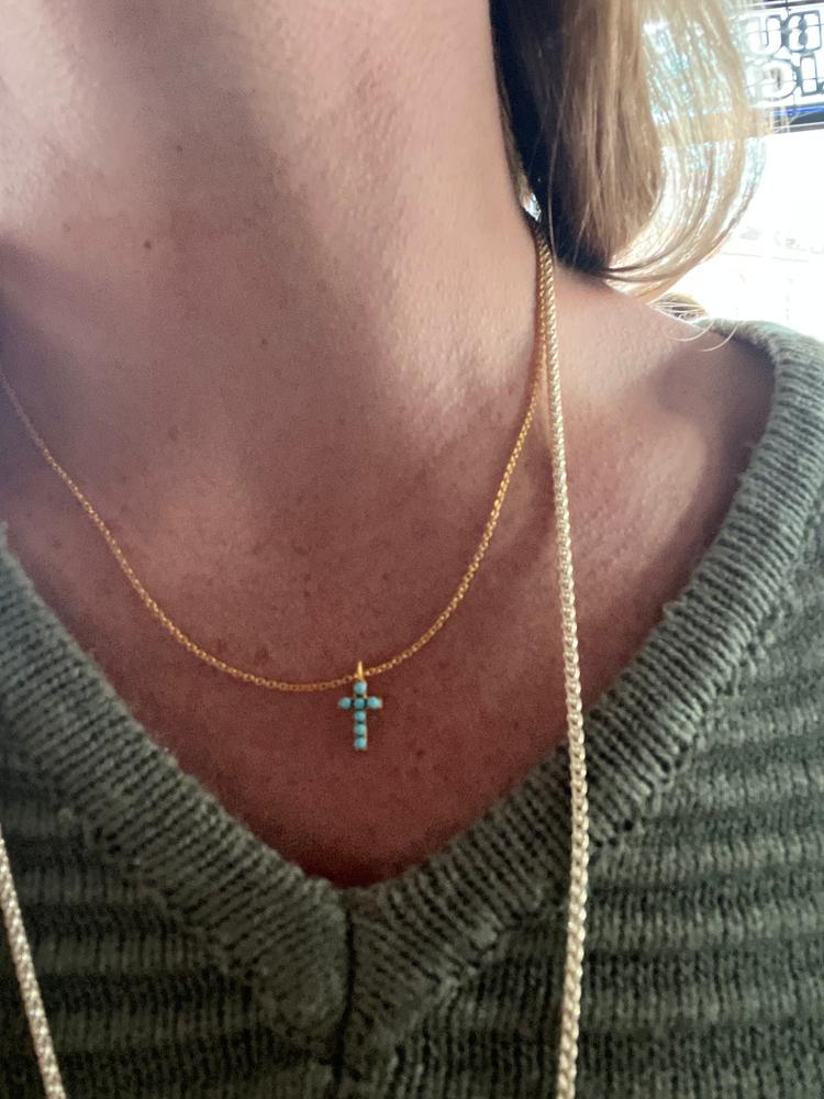 Dainty Turquoise Cross Necklace - Customer Photo From Ashley 