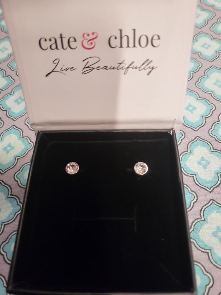 Blaire “Majestic” 18k White Gold Plated Stud Earrings with Swarovski Round Cut Crystals - Customer Photo From Theresa 