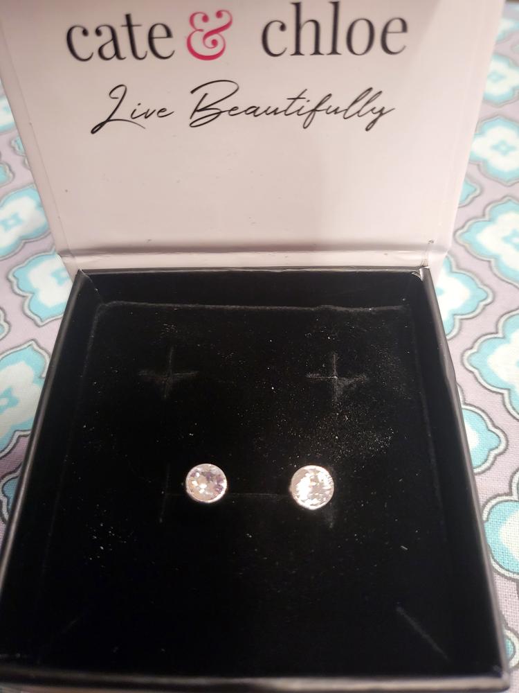 Blaire “Majestic” 18k White Gold Plated Stud Earrings with Swarovski Round Cut Crystals - Customer Photo From Theresa 