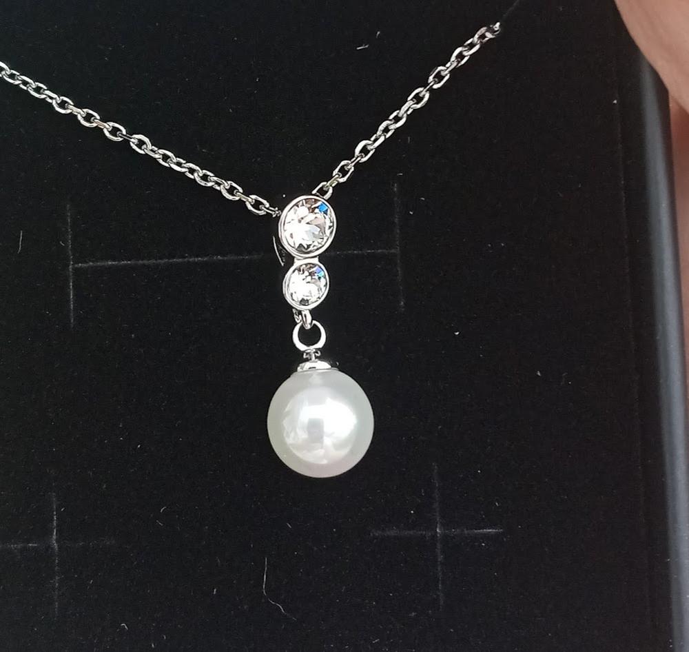 Genevieve "Sweet Pearl" 18k White Gold Plated Pendant Necklace with Swarovski Crystals - Customer Photo From Becca H.