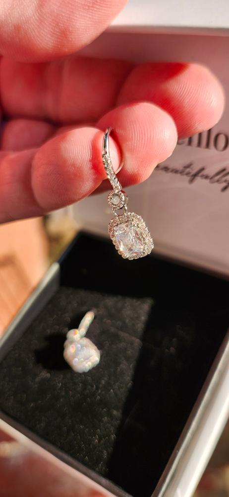 Athena 18k White Gold Plated Halo Drop Earrings with Dangling CZ Crystals - Customer Photo From Burlapandbutterknives 