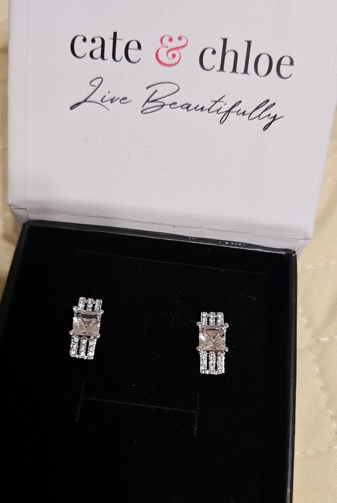 Fiona 18k White Gold Stud Earrings with Princess Cut Crystals - Customer Photo From Timber L.