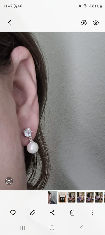 June "Radiant" 18k White Gold Pearl Drop Earrings with Swarovski Crystals - Customer Photo From Wendy W.