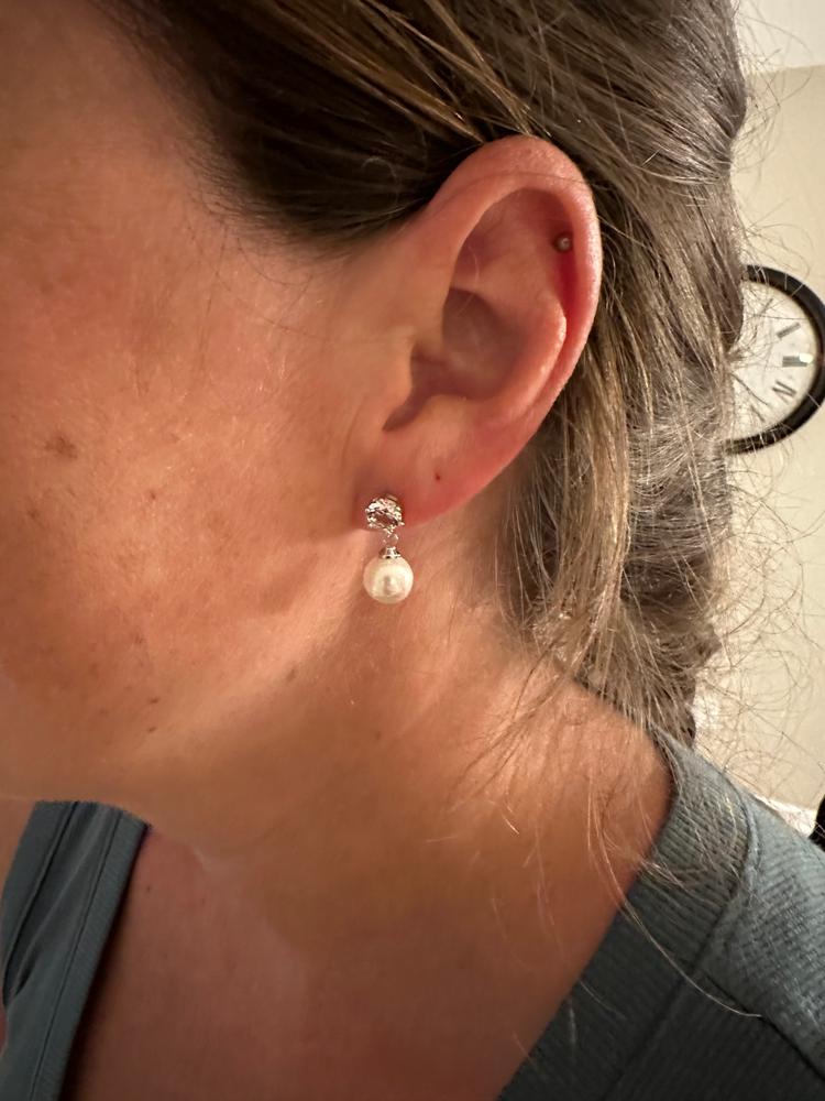 June "Radiant" 18k White Gold Pearl Drop Earrings with Swarovski Crystals - Customer Photo From Kelli