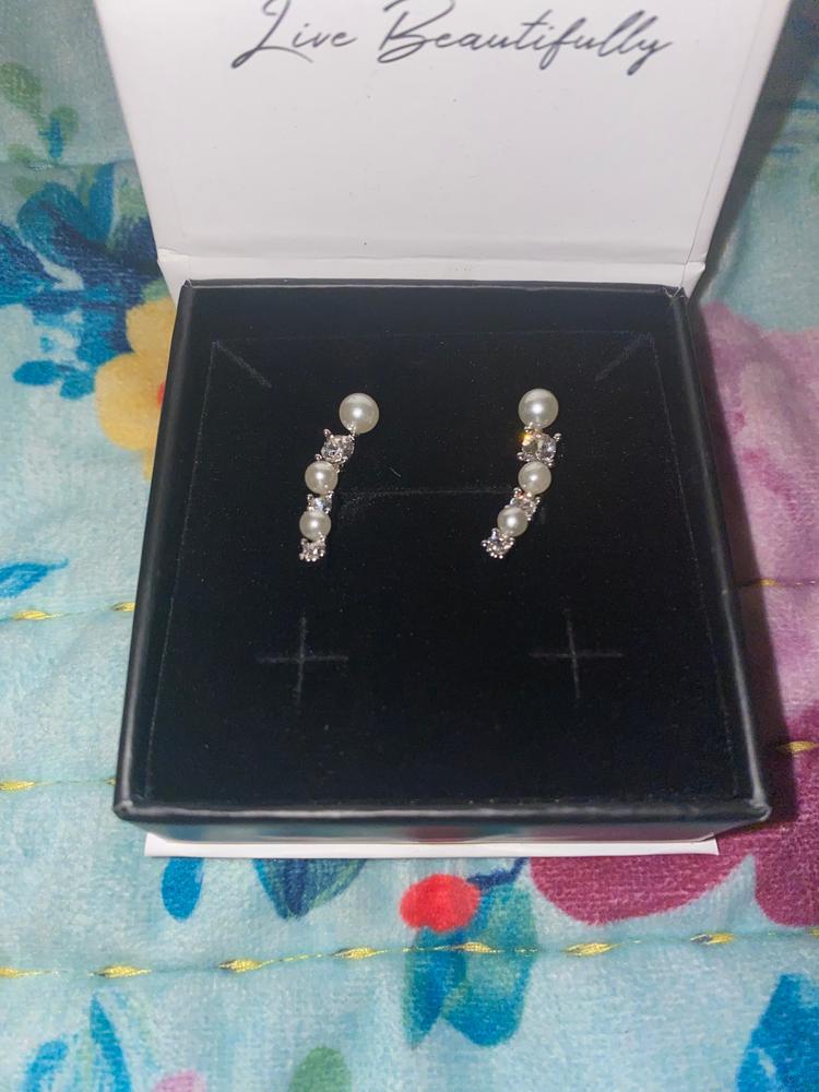 Juniper 18k White Gold Wrap Earrings with White Beads and Crystals - Customer Photo From Amanda Z.