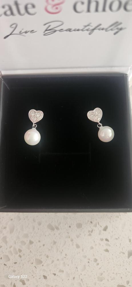 Kenley 18k White Gold Pearl Stud Earrings with Heart Shaped Swarovski Crystals - Customer Photo From Katy J.