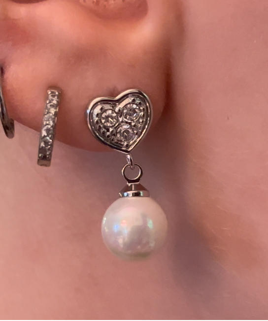 Kenley 18k White Gold Pearl Stud Earrings with Heart Shaped Swarovski Crystals - Customer Photo From SmithieMomma