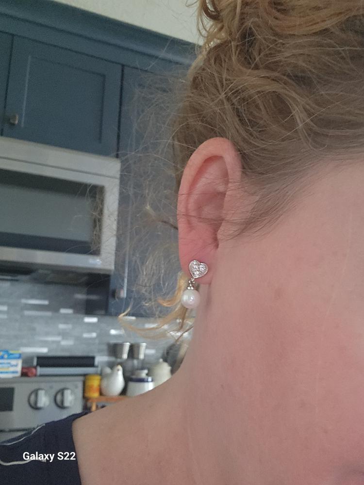 Kenley 18k White Gold Pearl Stud Earrings with Heart Shaped Swarovski Crystals - Customer Photo From Katy J.