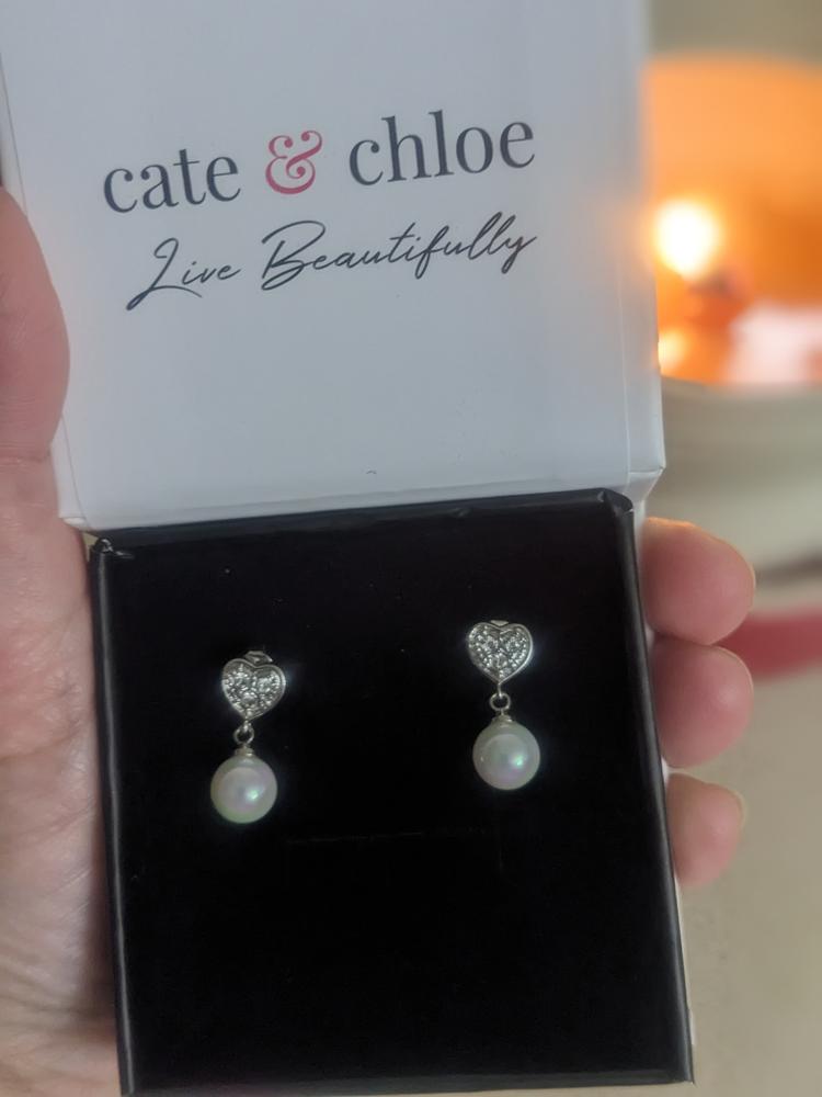 Kenley 18k White Gold Pearl Stud Earrings with Heart Shaped Swarovski Crystals - Customer Photo From Laurel