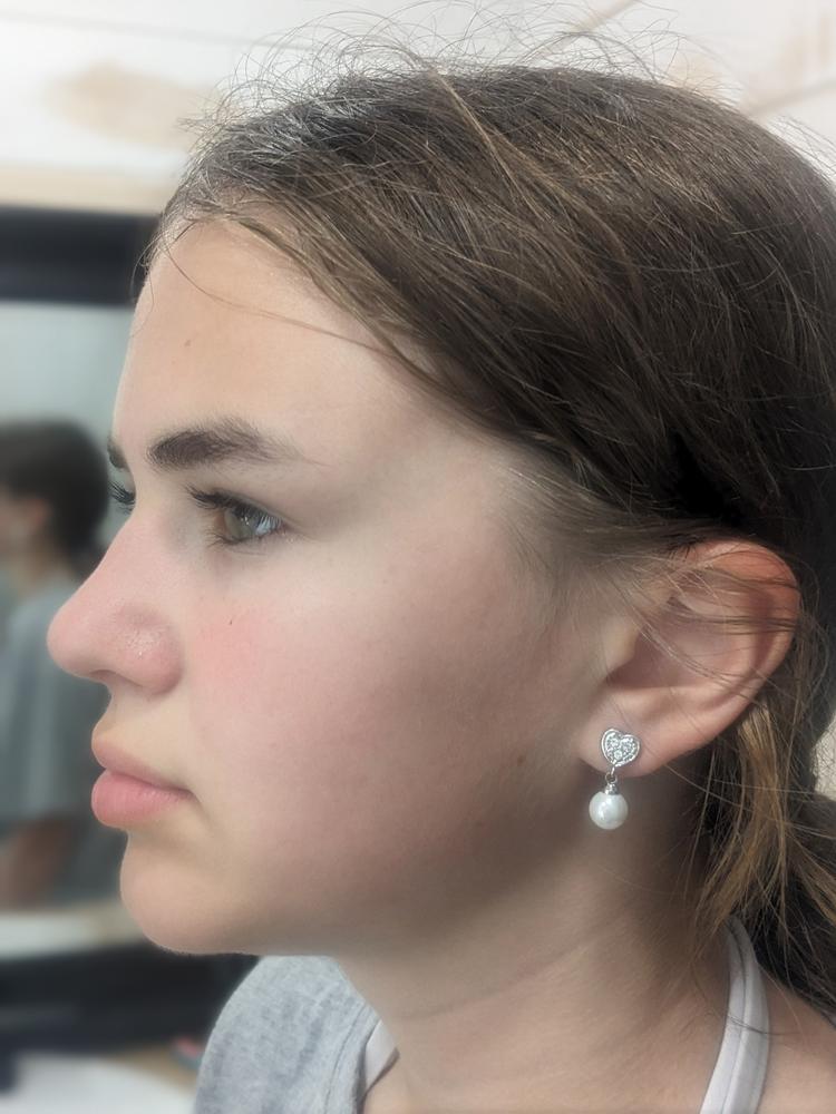 Kenley 18k White Gold Pearl Stud Earrings with Heart Shaped Swarovski Crystals - Customer Photo From Laurel