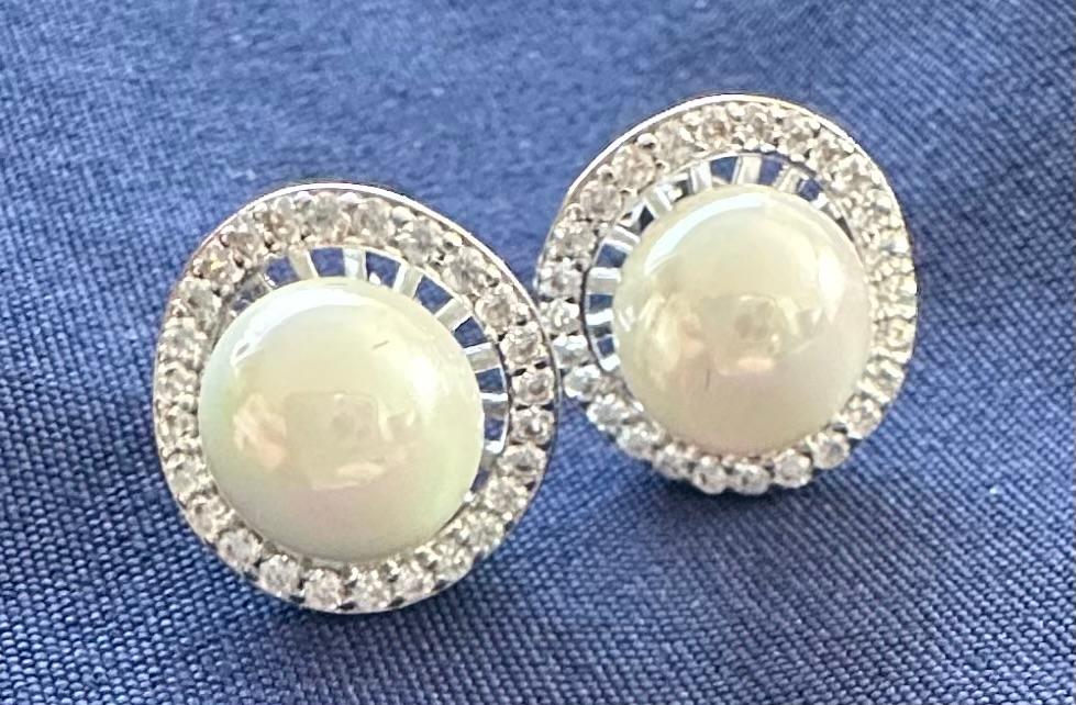 Nina 18k White Gold Classic Pearl Stud Earrings with Swarovski Crystal Halo - Customer Photo From Maureen S.