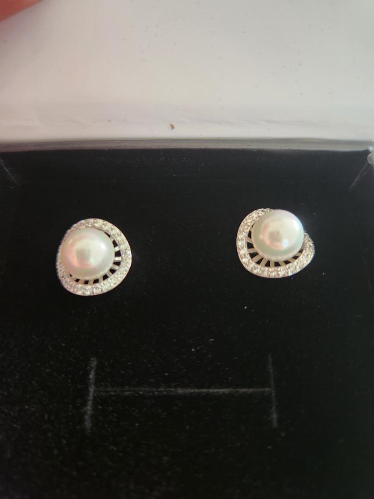 Nina 18k White Gold Classic Pearl Stud Earrings with Swarovski Crystal Halo - Customer Photo From Rebbecca