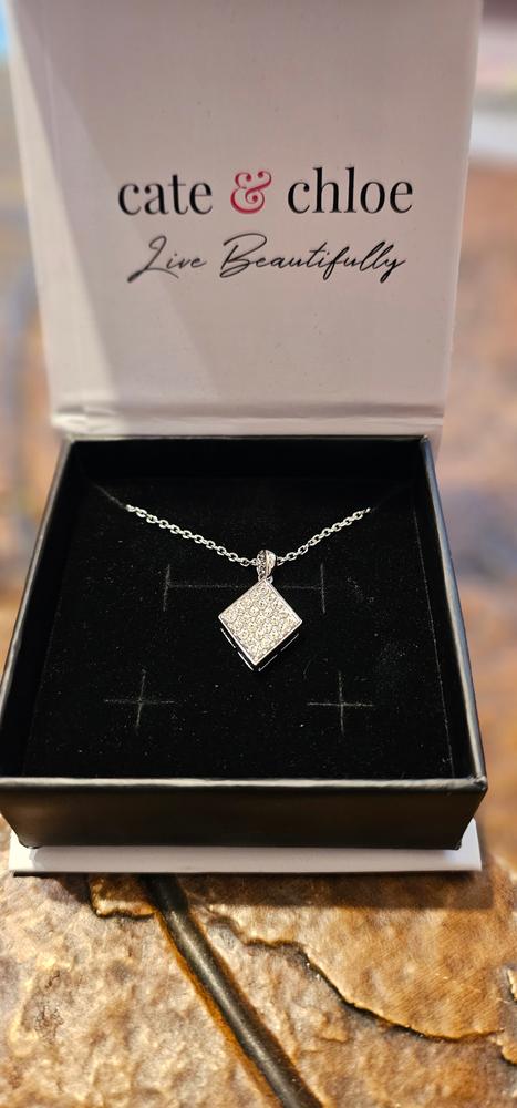 Lennon "Esteemed" 18k White Gold Diamond Shaped Pendant Necklace with Swarovski Crystals - Customer Photo From Nicolette